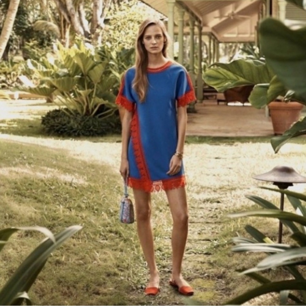Tory Burch Marissa Runway Blue & Redish Orange Lace Shift Dress Size 2 💙 - Picture 10 of 14